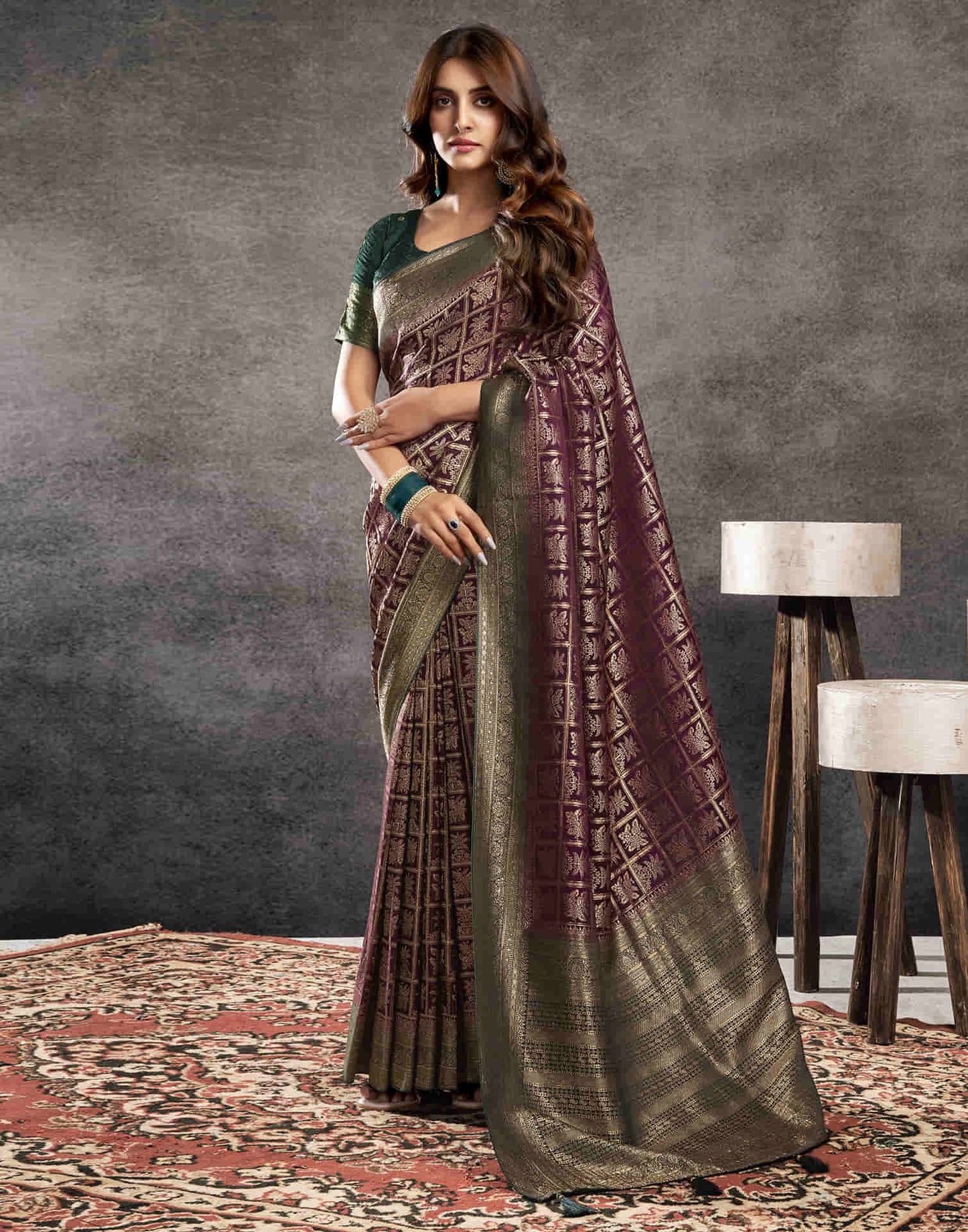 Wine Satin Woven Banarasi Saree