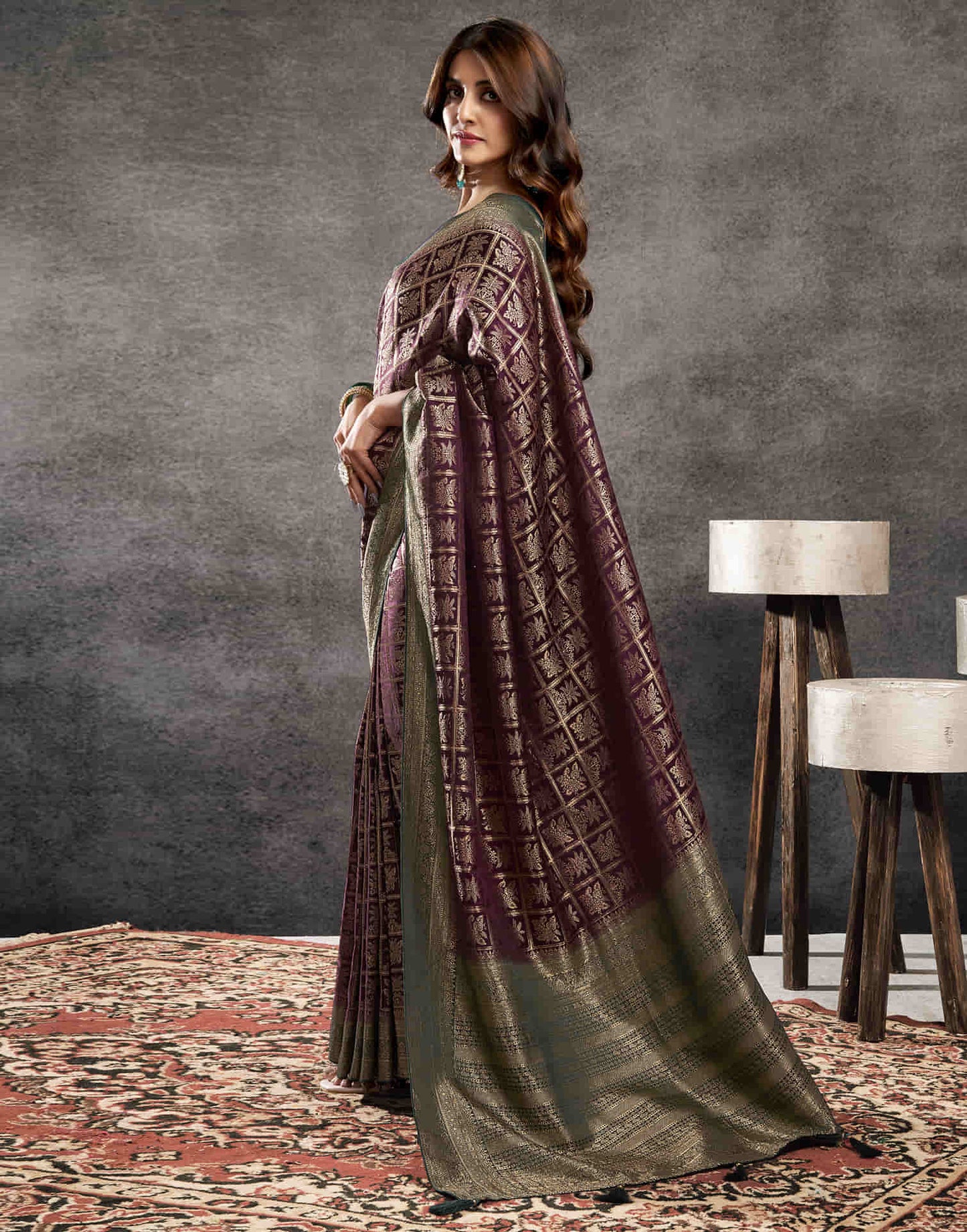 Wine Satin Woven Banarasi Saree