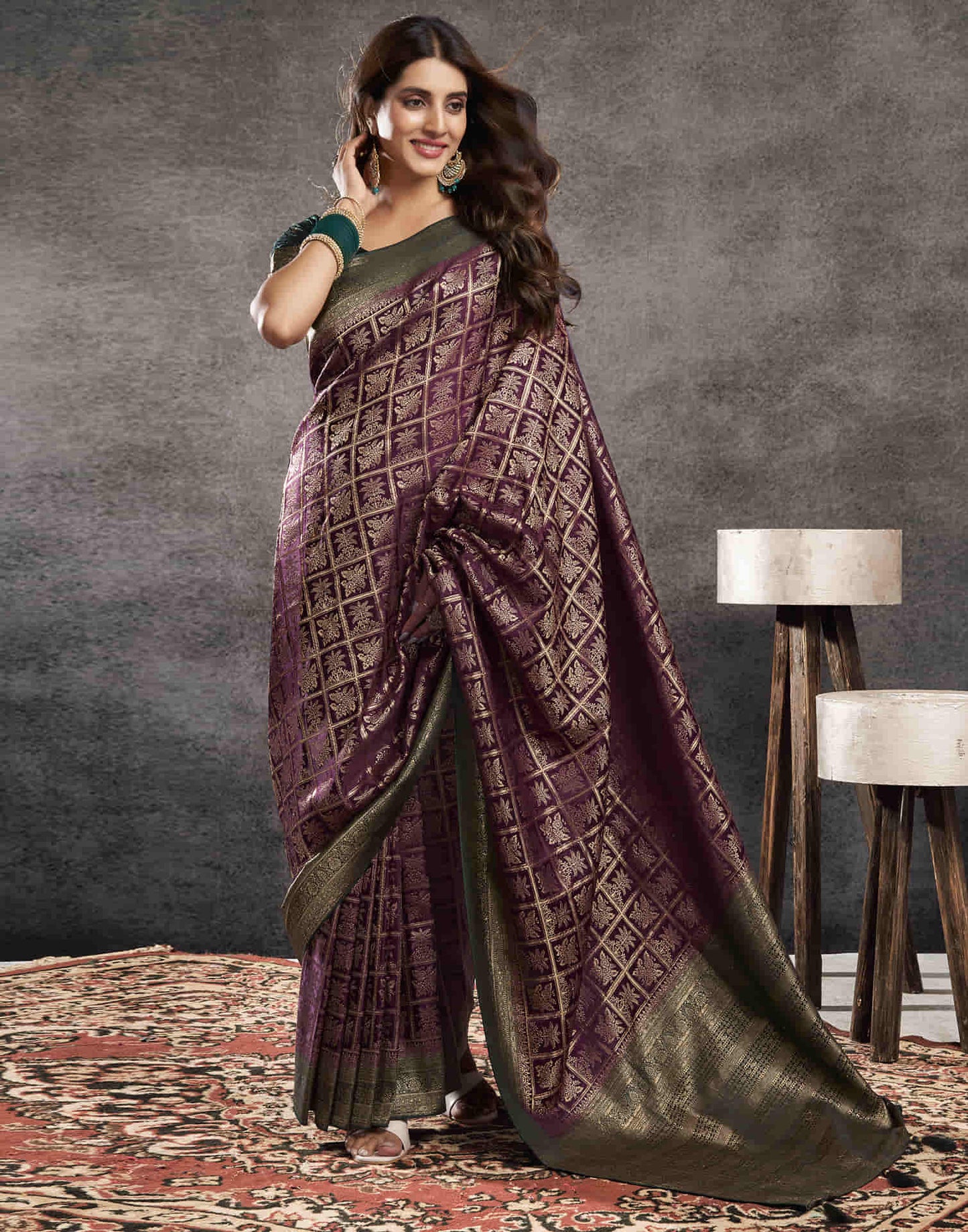 Wine Satin Woven Banarasi Saree