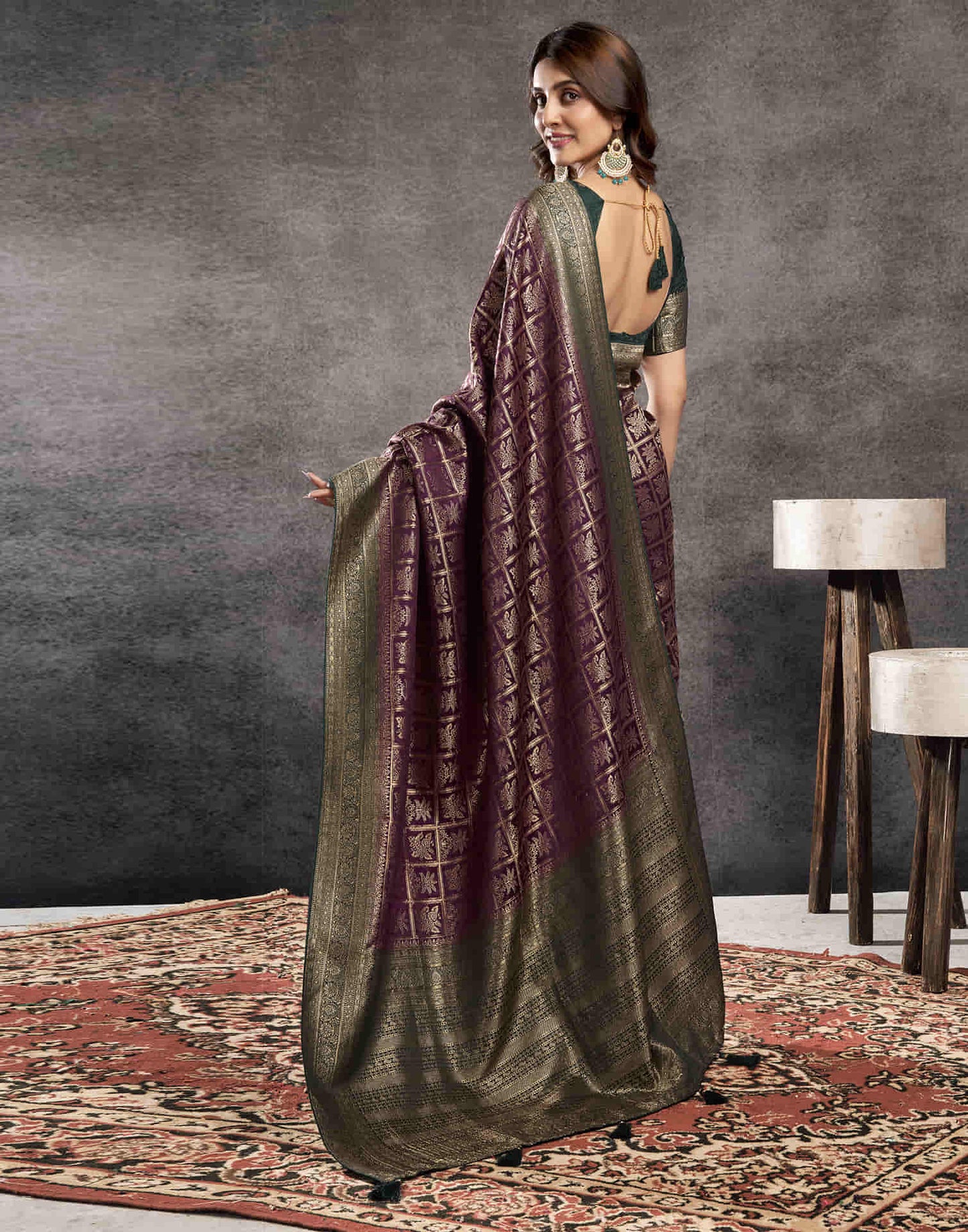 Wine Satin Woven Banarasi Saree