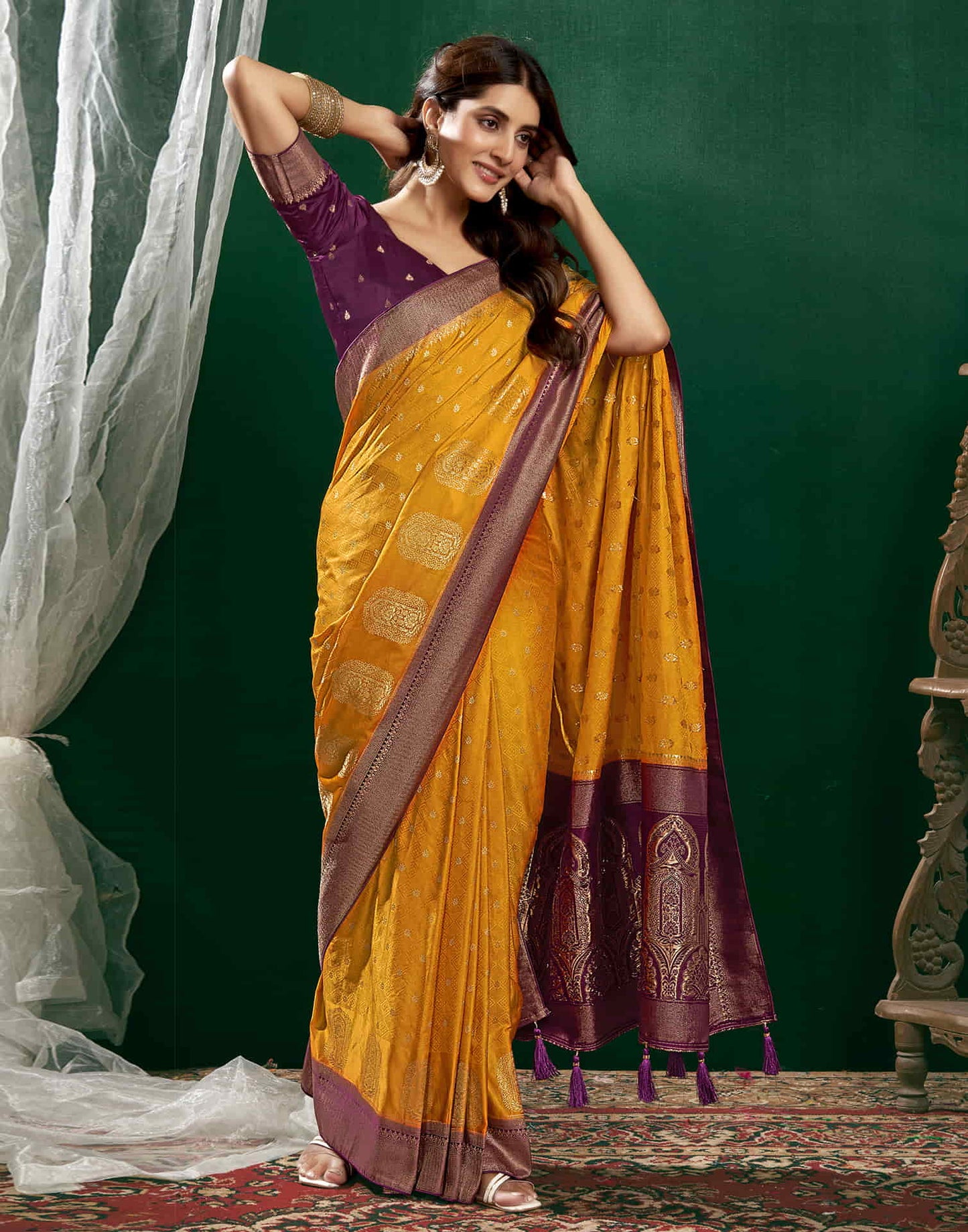 Turmeric Yellow Satin Woven Banarasi Saree