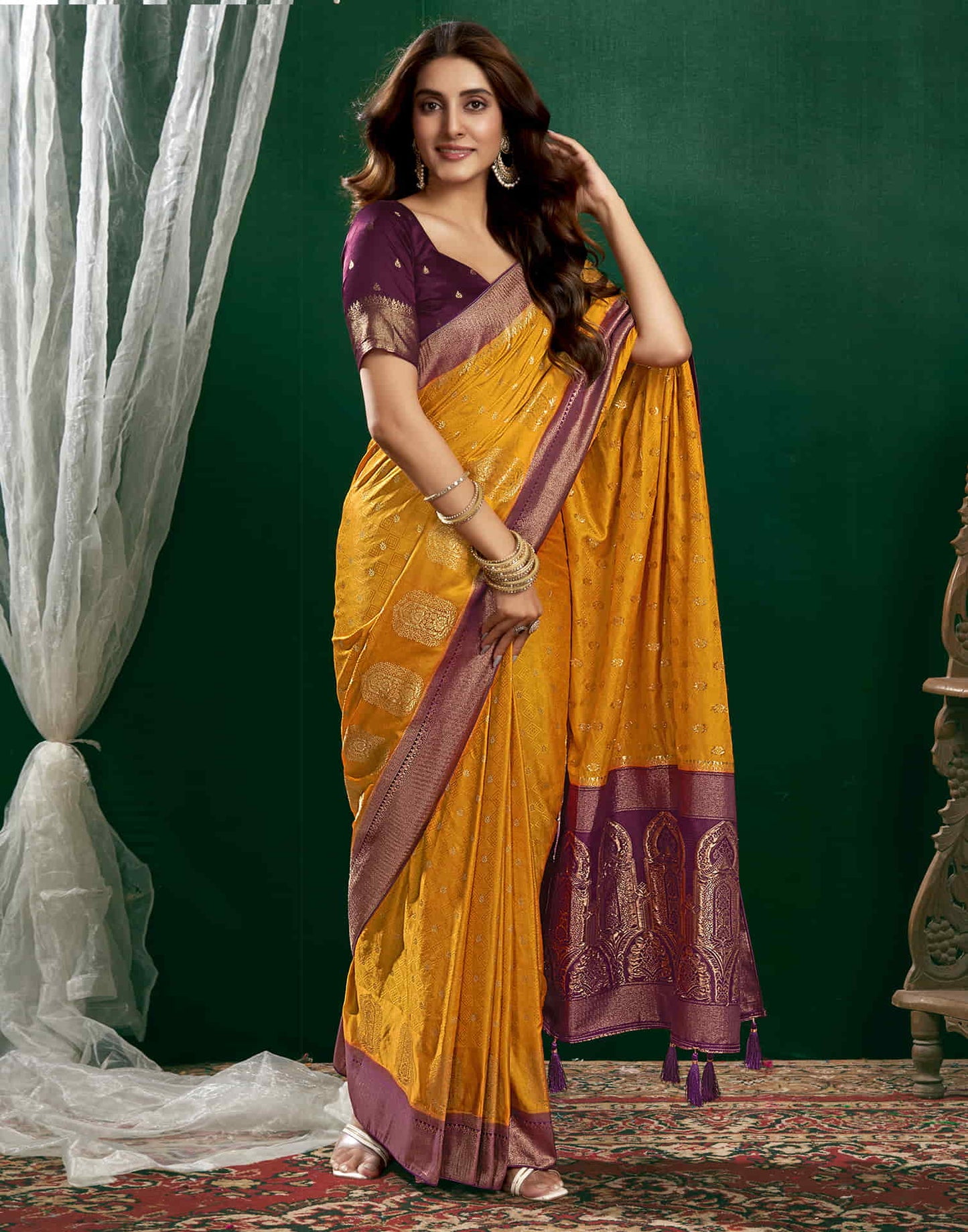 Turmeric Yellow Satin Woven Banarasi Saree