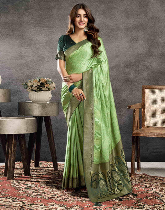 Pista Green Satin Woven Banarasi Saree