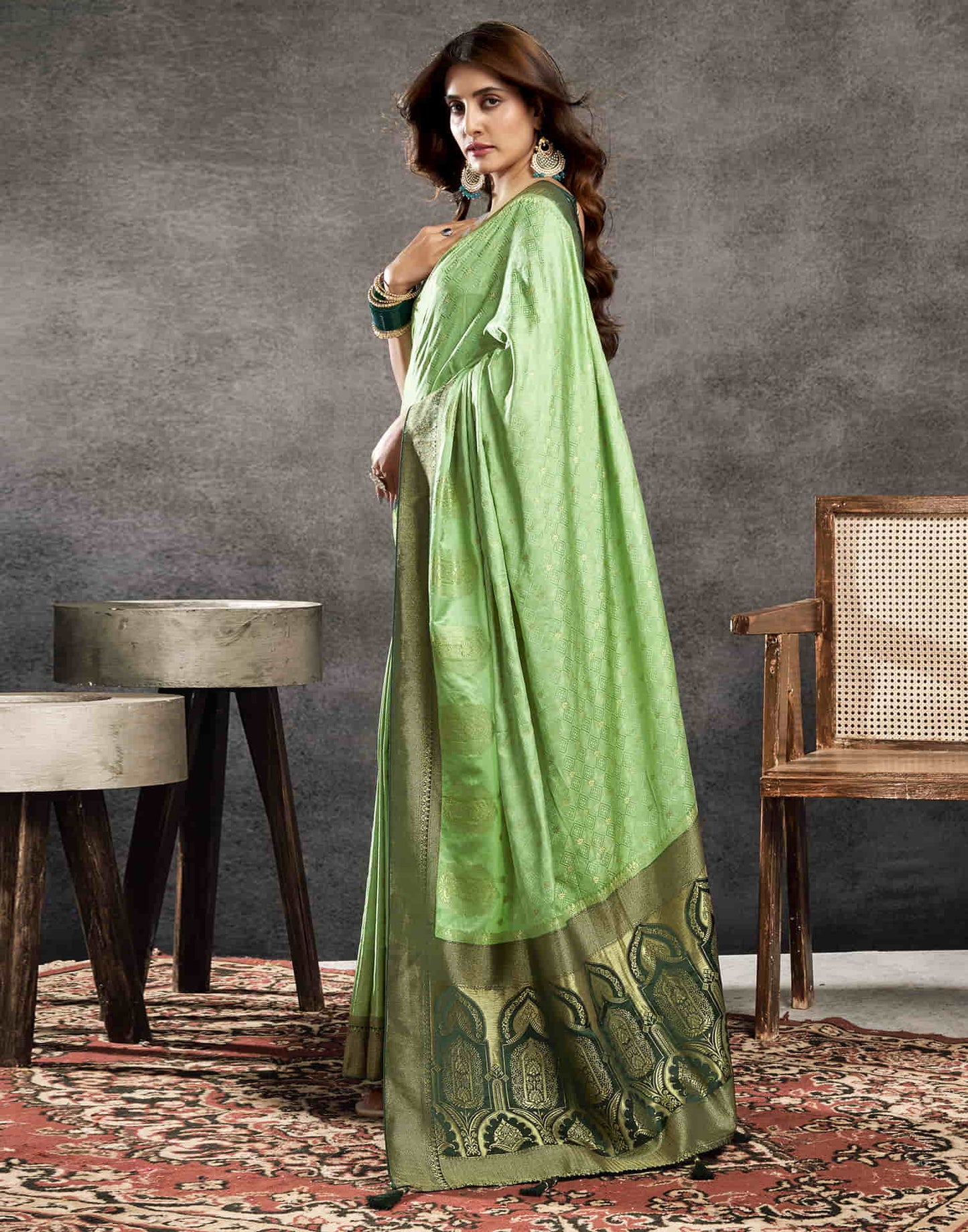 Pista Green Satin Woven Banarasi Saree