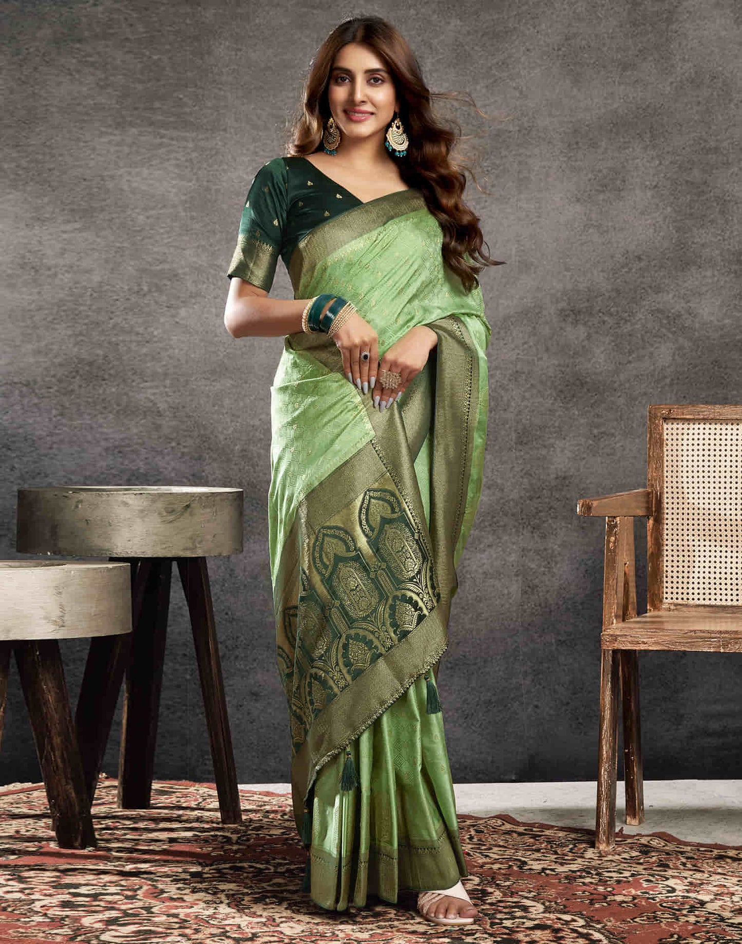 Pista Green Satin Woven Banarasi Saree