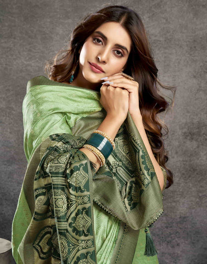 Pista Green Satin Woven Banarasi Saree