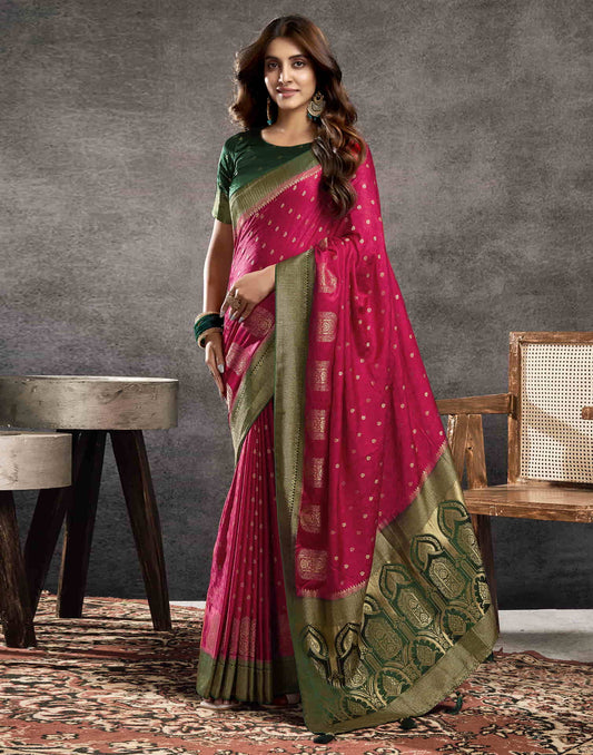 Deep Pink Satin Woven Banarasi Saree