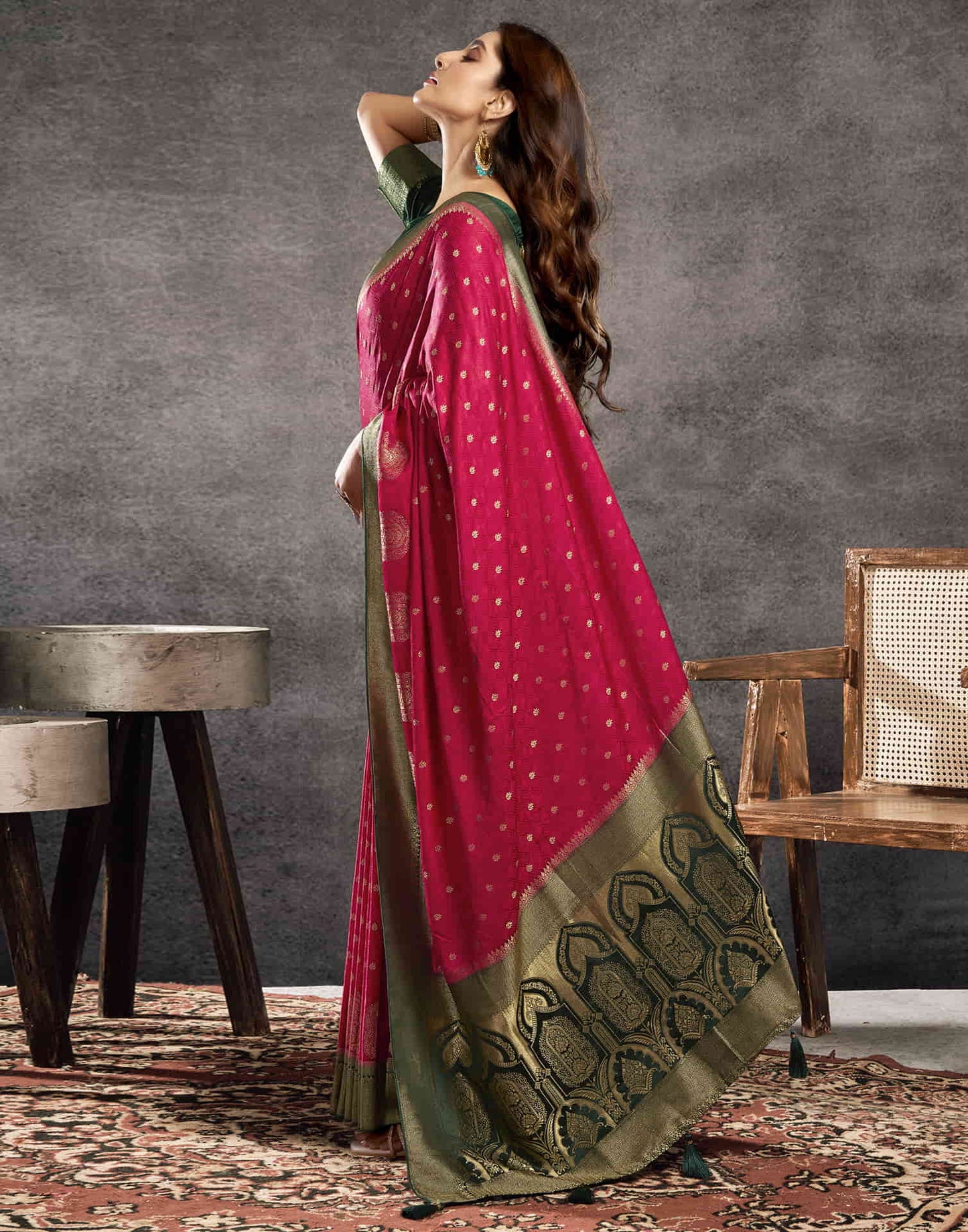 Deep Pink Satin Woven Banarasi Saree