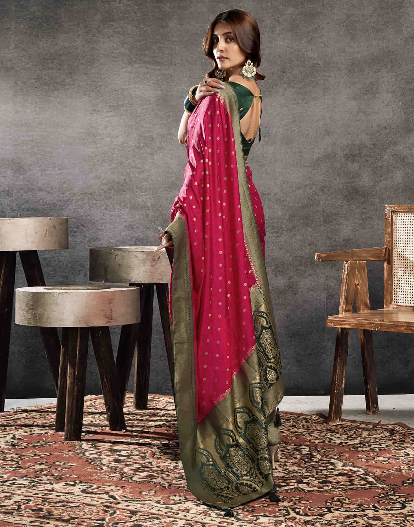 Deep Pink Satin Woven Banarasi Saree