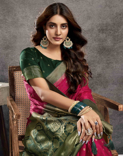 Deep Pink Satin Woven Banarasi Saree