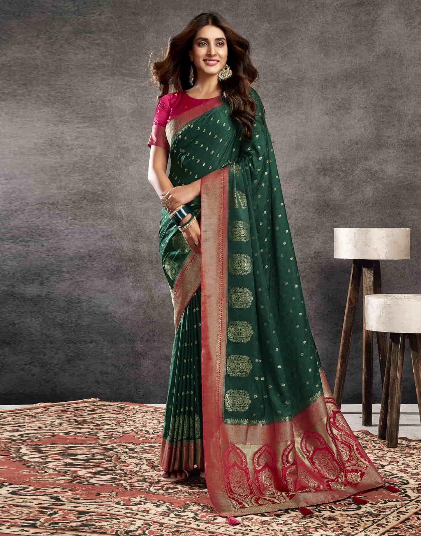 Dark Green Satin Woven Banarasi Saree