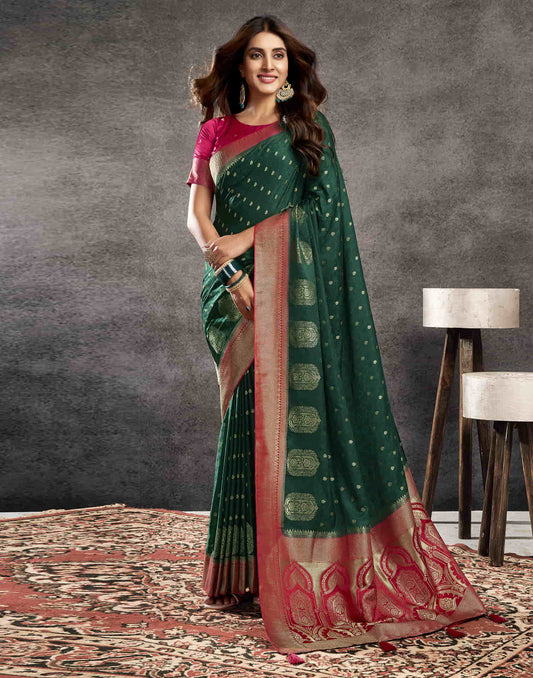 Dark Green Satin Woven Banarasi Saree