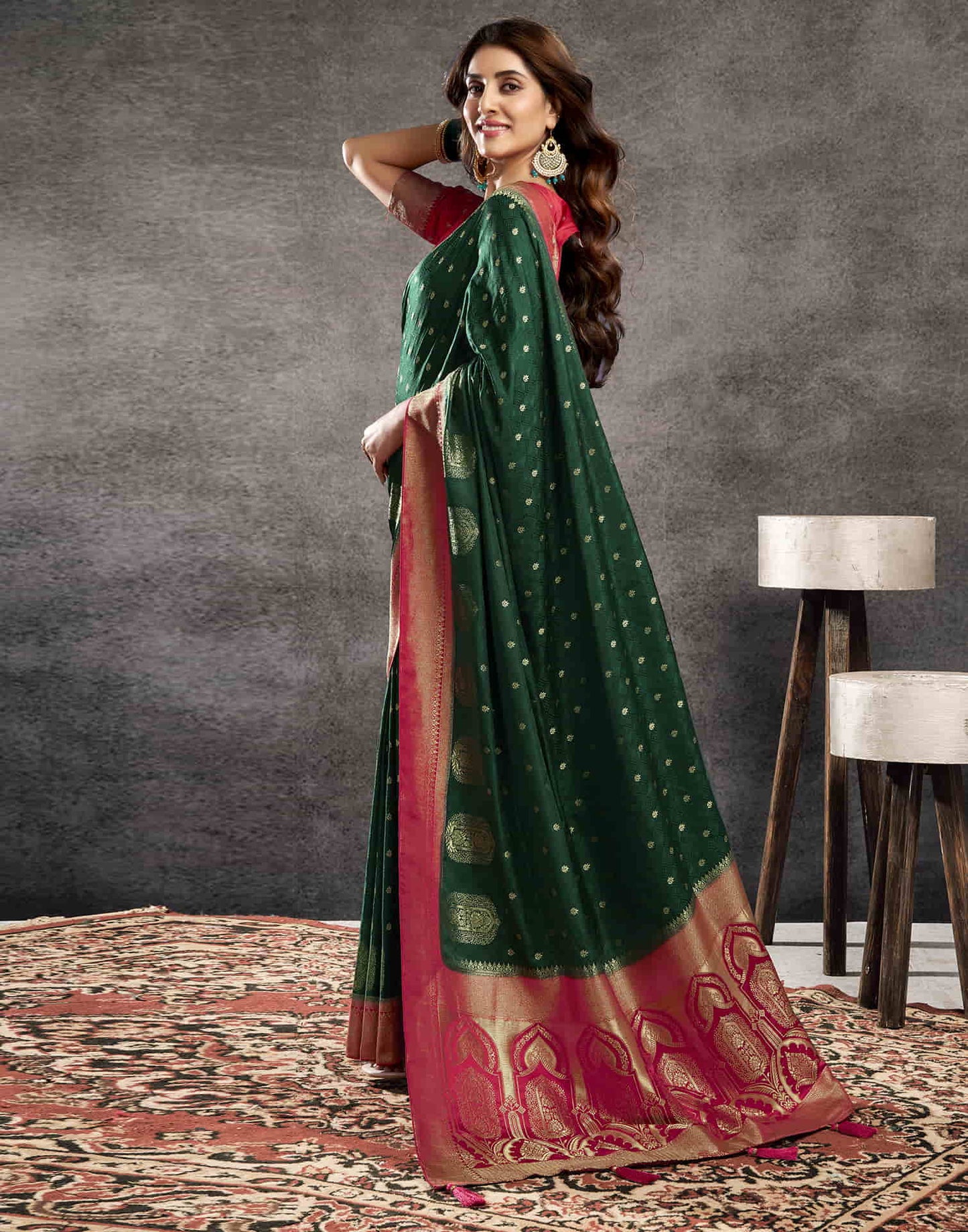 Dark Green Satin Woven Banarasi Saree