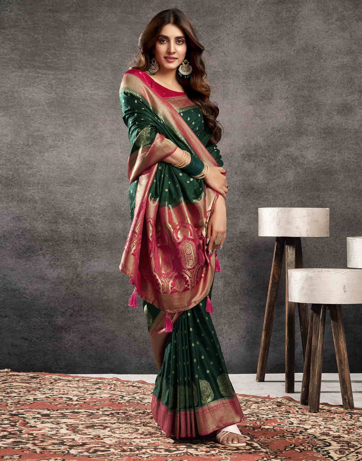 Dark Green Satin Woven Banarasi Saree