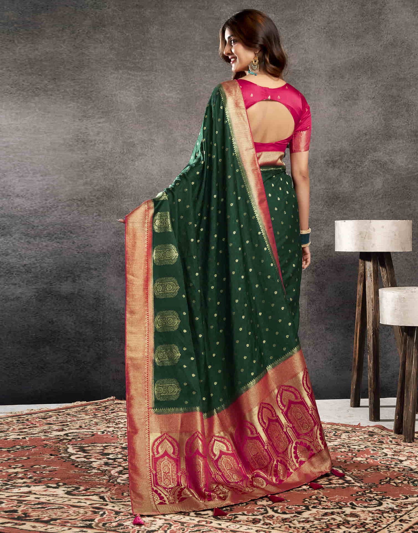 Dark Green Satin Woven Banarasi Saree