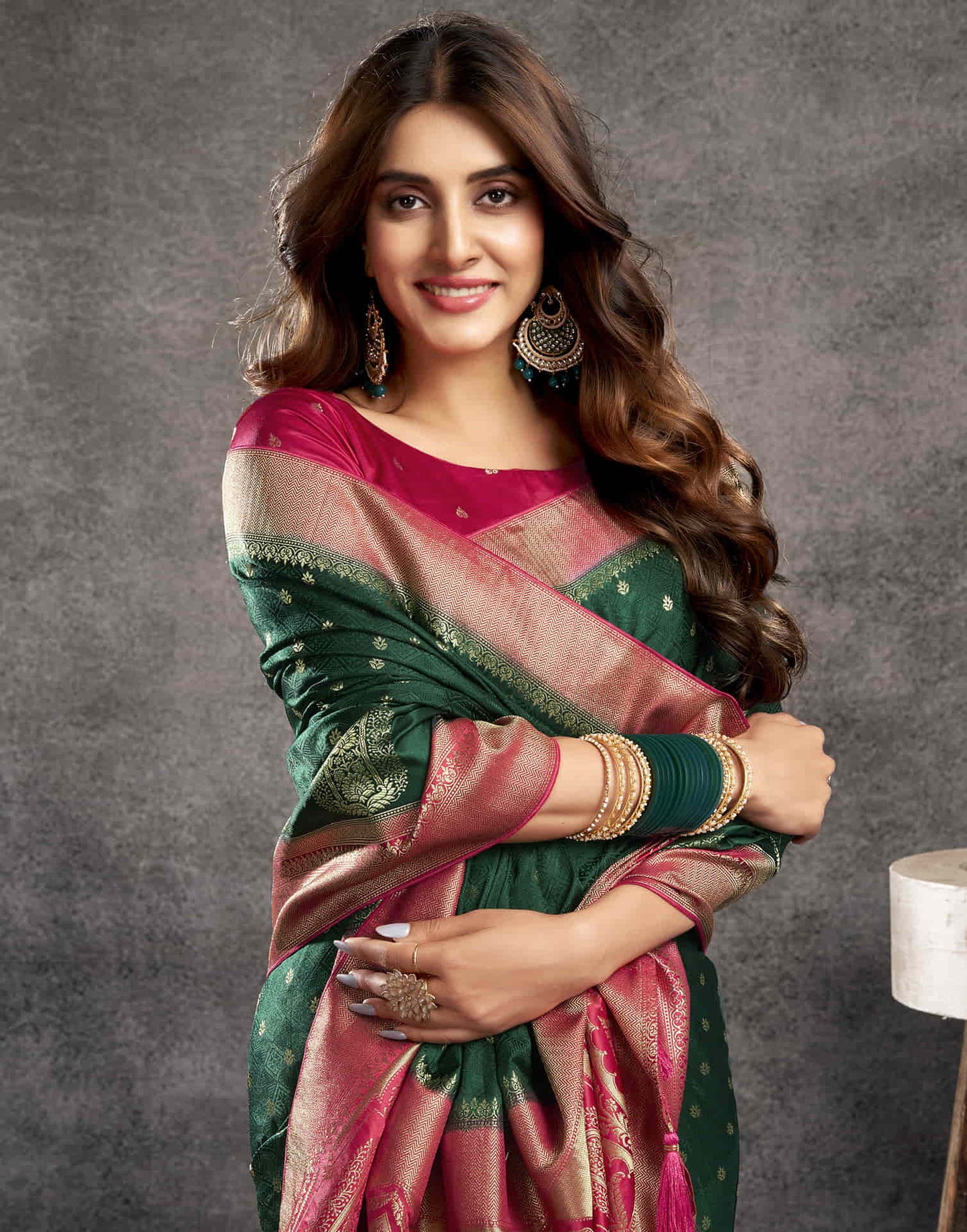 Dark Green Satin Woven Banarasi Saree