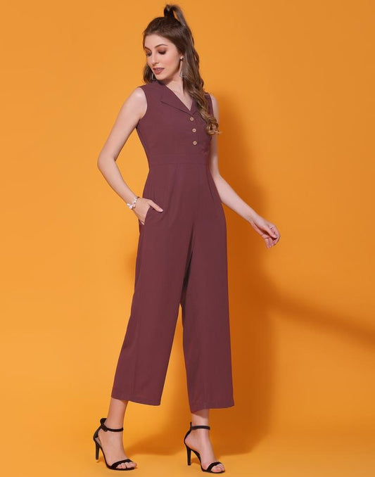 Brown Georgette Plain Jumpsuit Dress