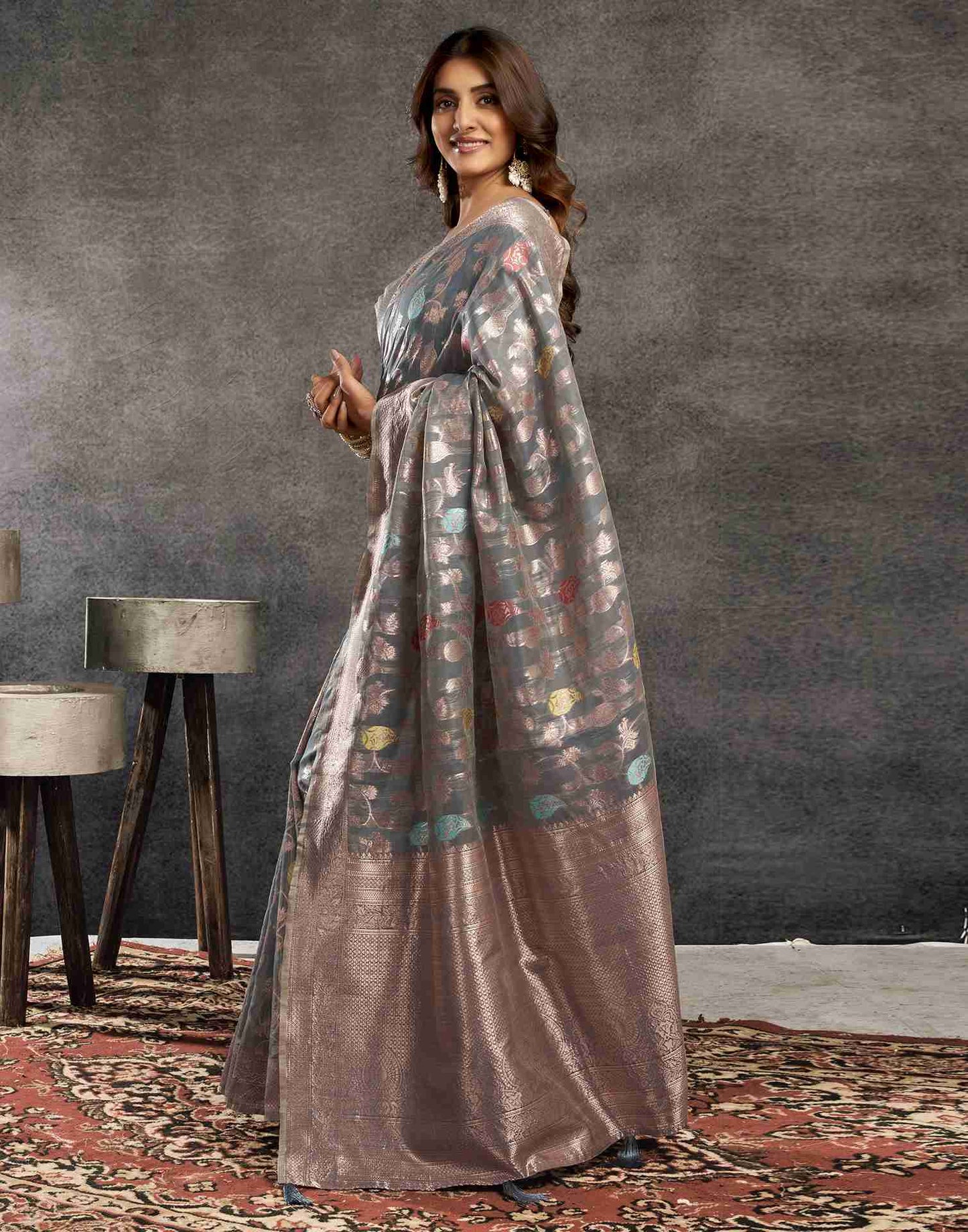 Grey Silk Woven Jacquard Saree