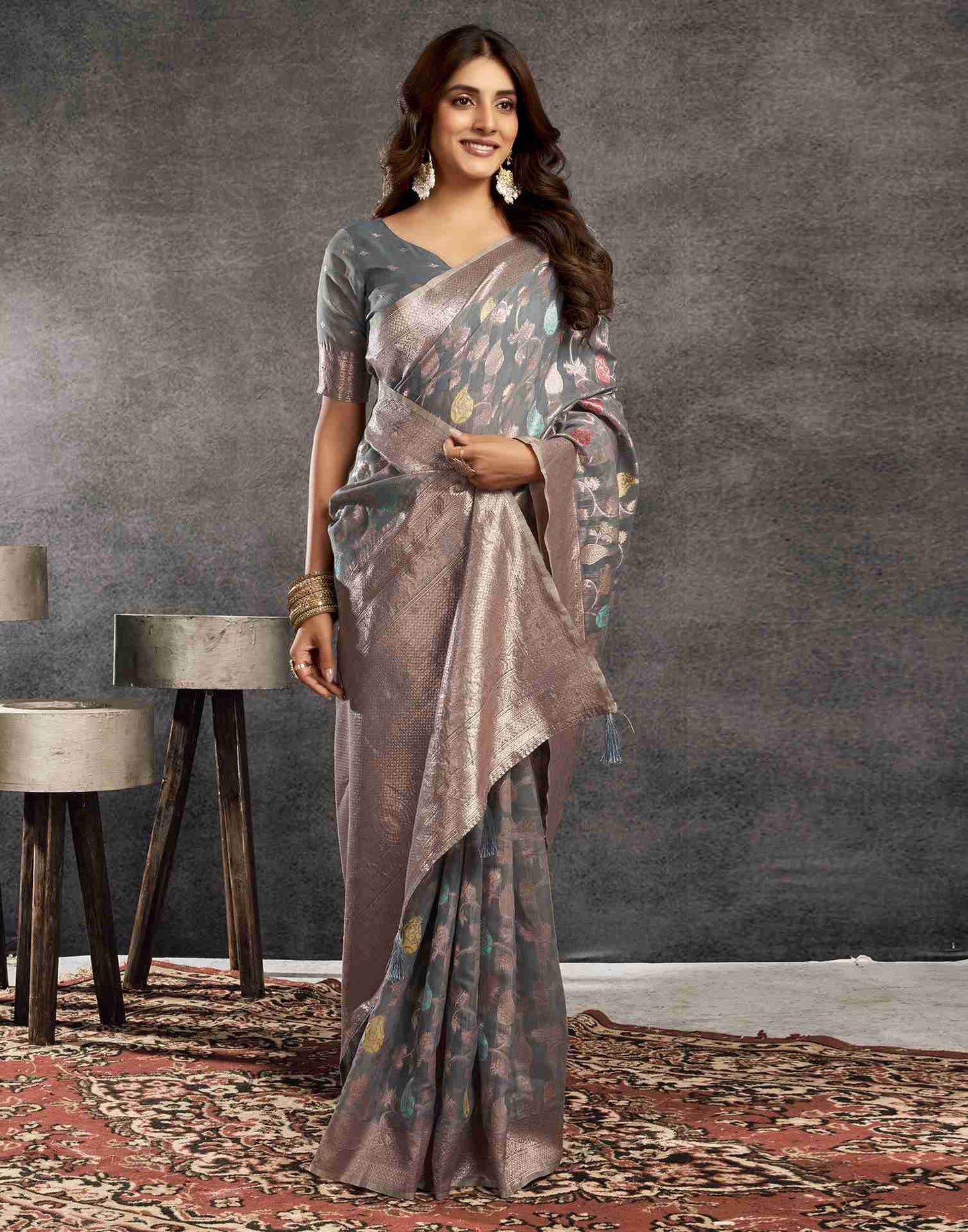 Grey Silk Woven Jacquard Saree