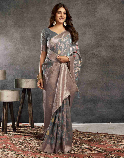 Grey Silk Woven Jacquard Saree