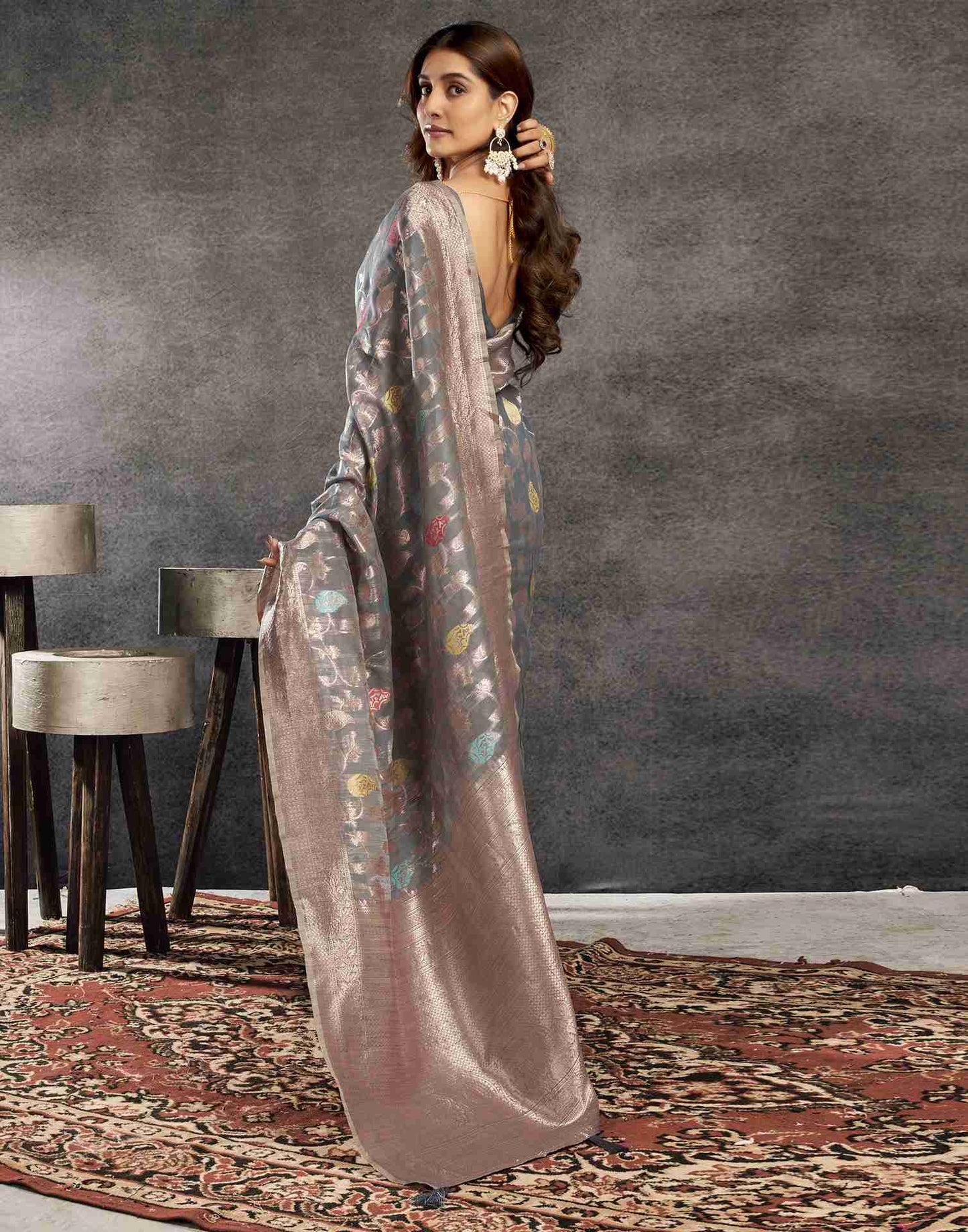 Grey Silk Woven Jacquard Saree