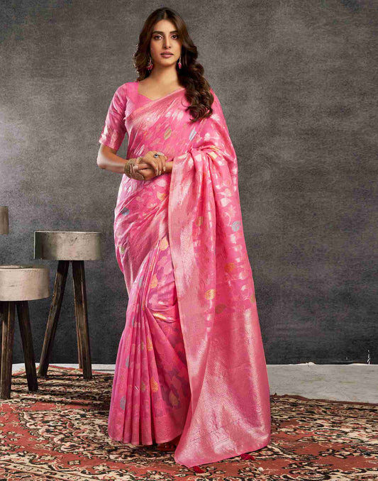 Pink Silk Woven Jacquard Saree
