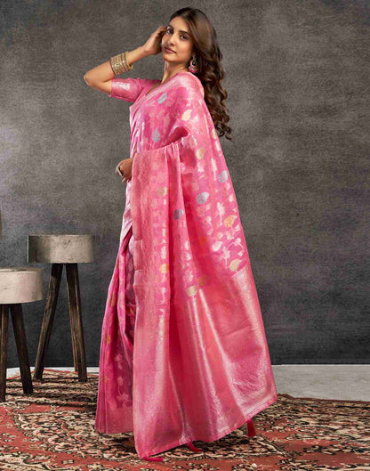 Pink Silk Woven Jacquard Saree