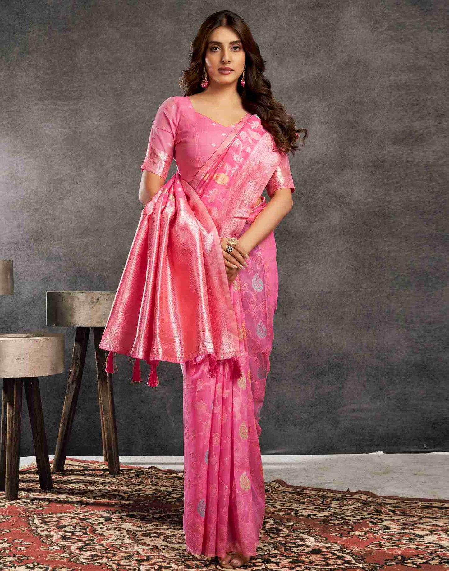 Pink Silk Woven Jacquard Saree
