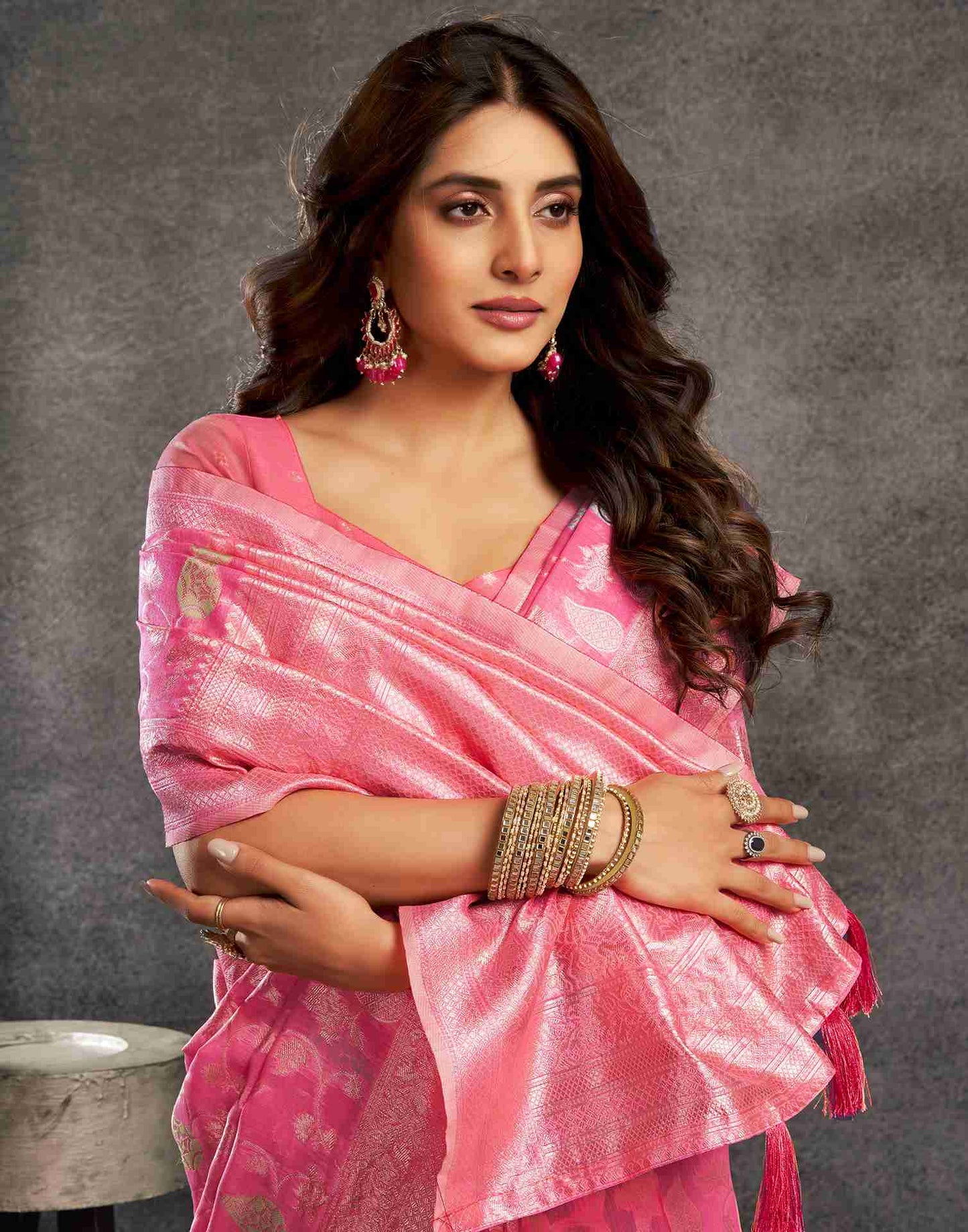 Pink Silk Woven Jacquard Saree