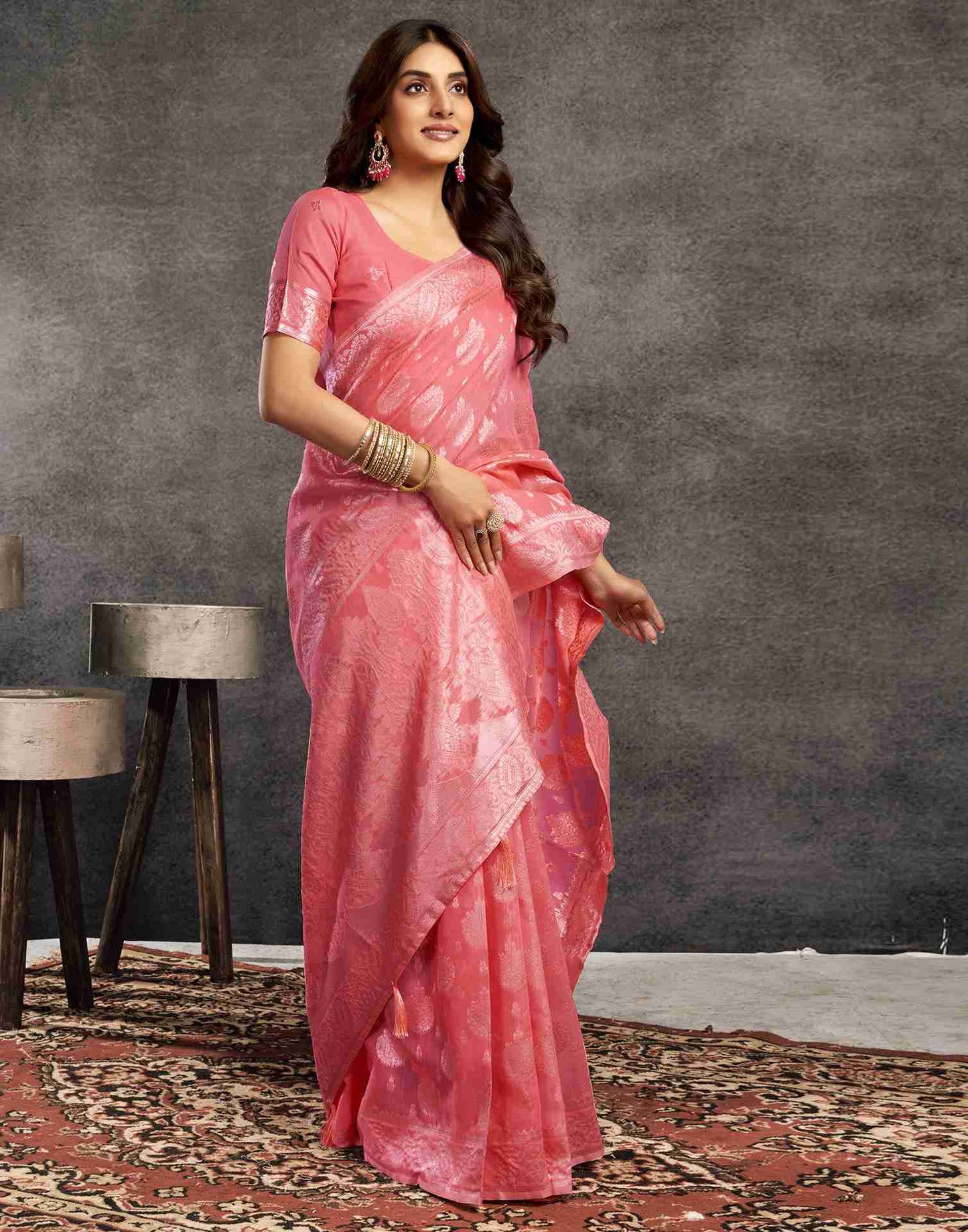 Punch Pink Silk Woven Jacquard Saree