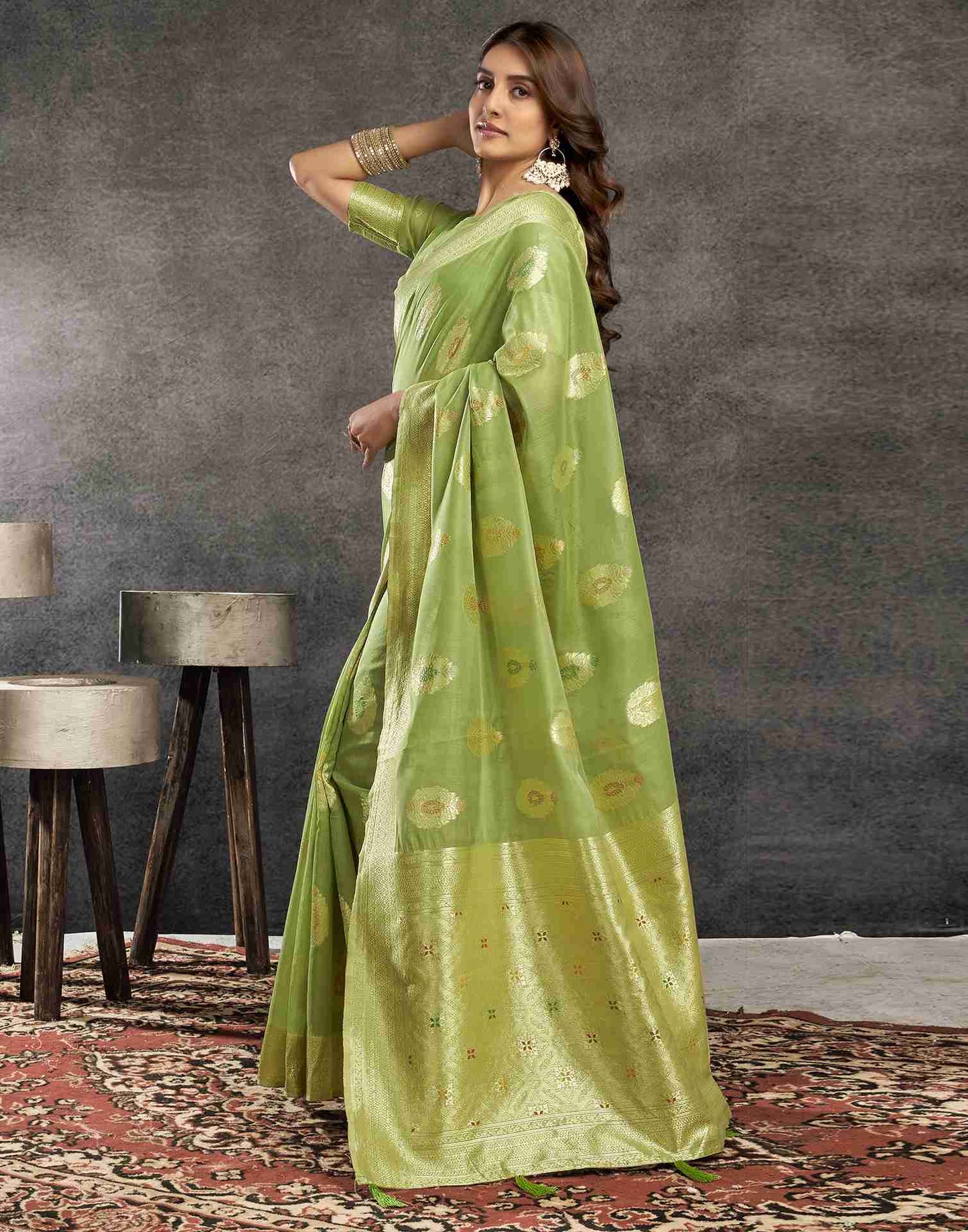 Pista Green Silk Woven Jacquard Saree