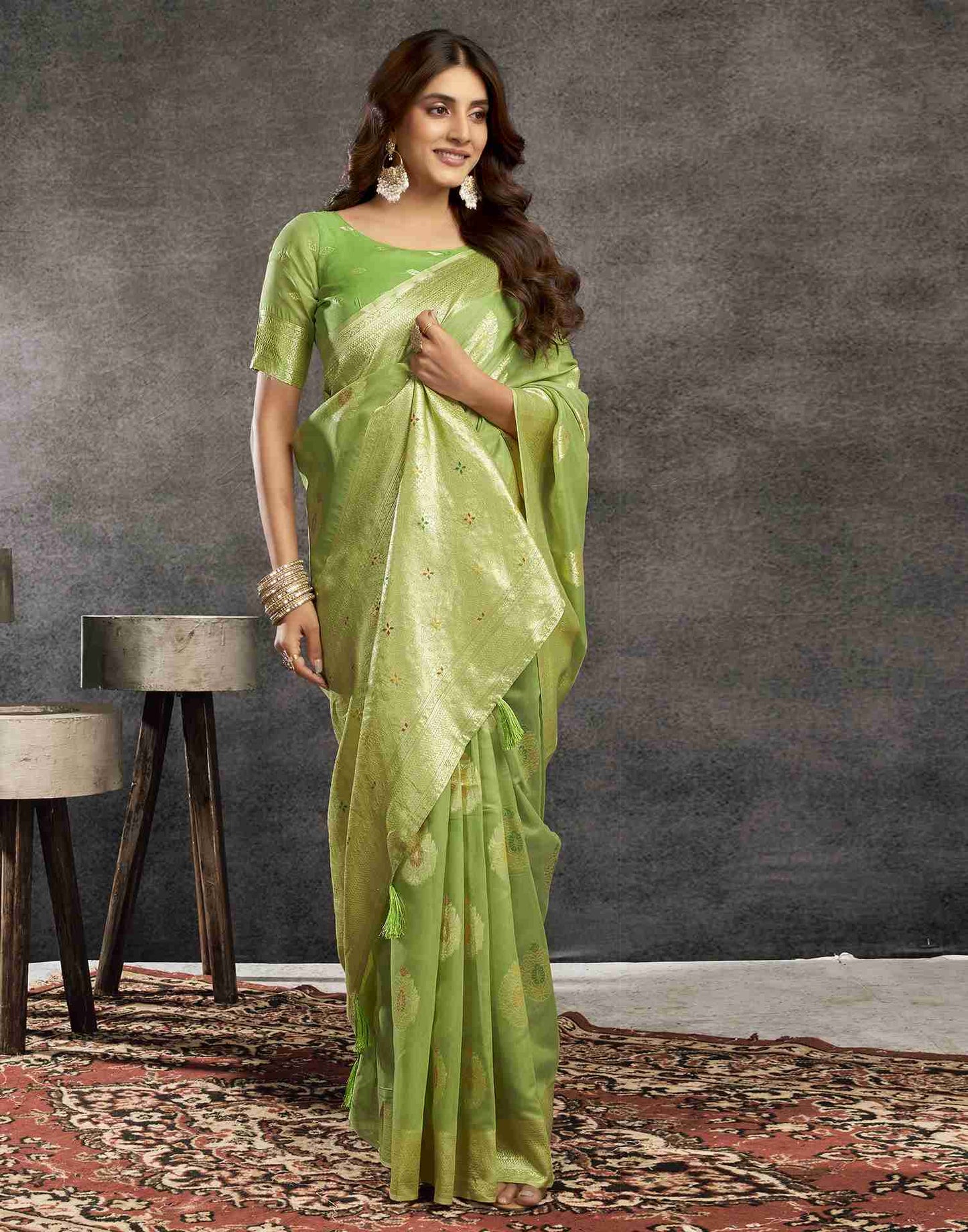 Pista Green Silk Woven Jacquard Saree