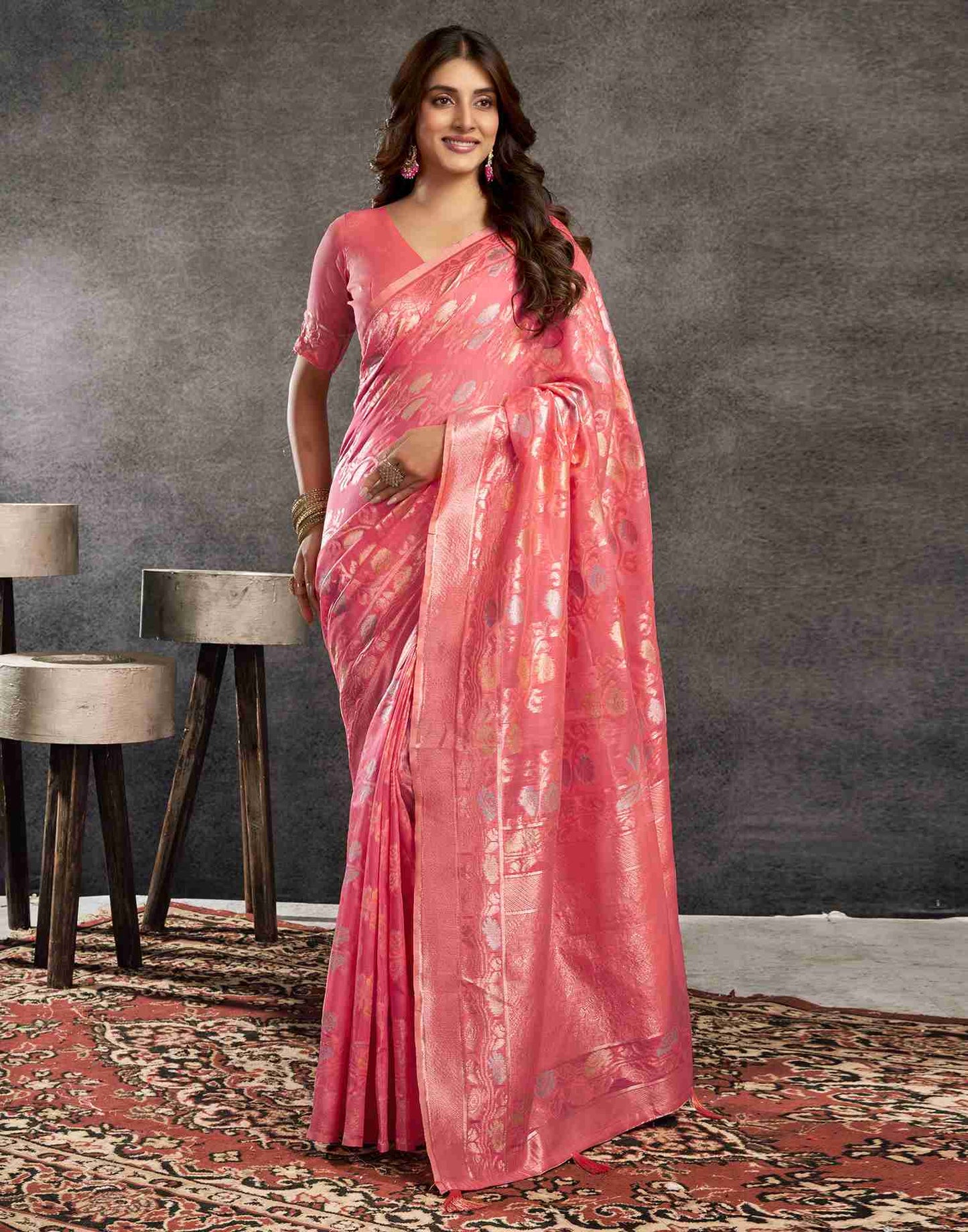 Punch Pink Silk Woven Jacquard Saree