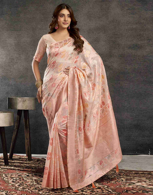 Cream Silk Woven Jacquard Saree