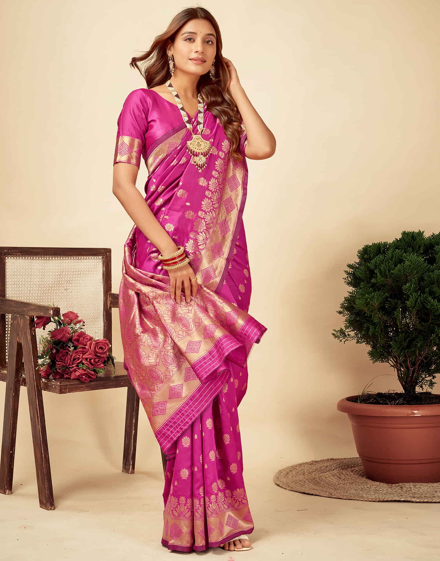 Magenta Silk Woven Banarasi Saree
