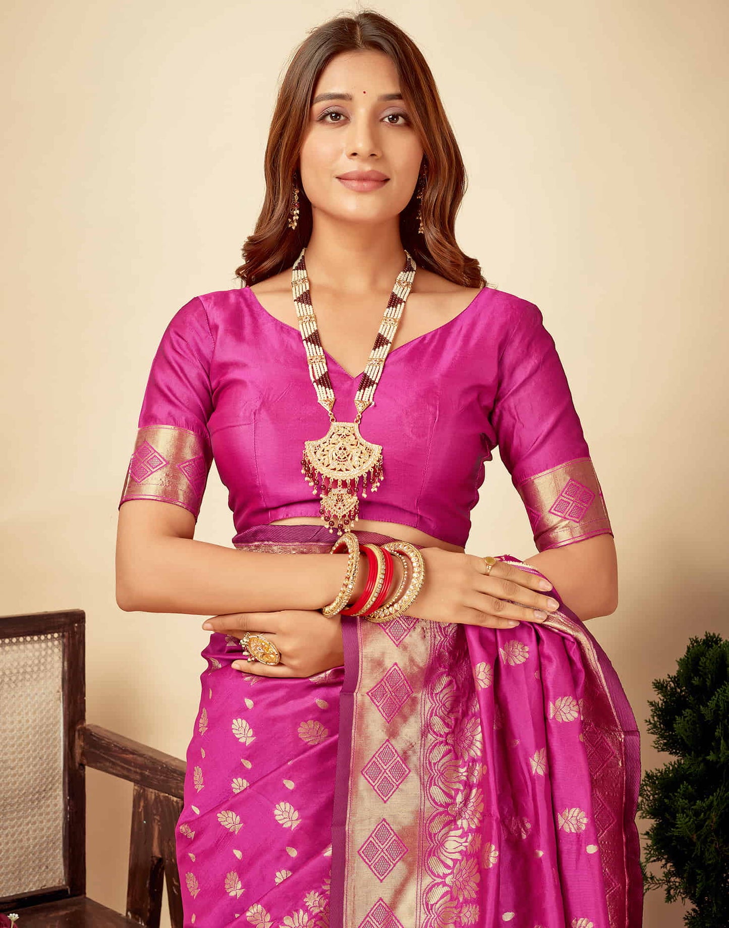 Magenta Silk Woven Banarasi Saree