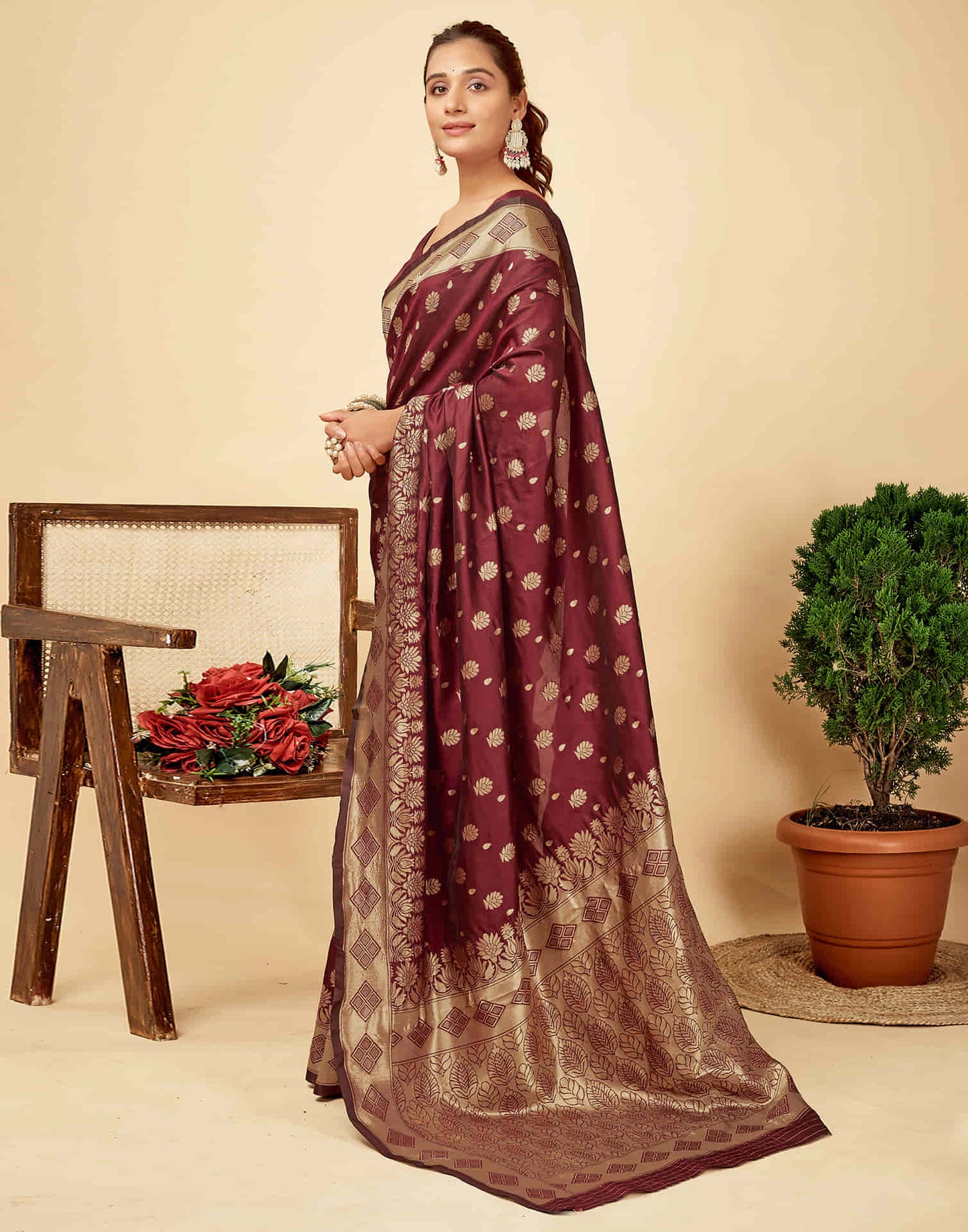Dark Maroon Silk Woven Banarasi Saree