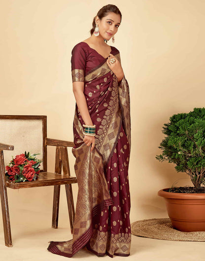 Dark Maroon Silk Woven Banarasi Saree