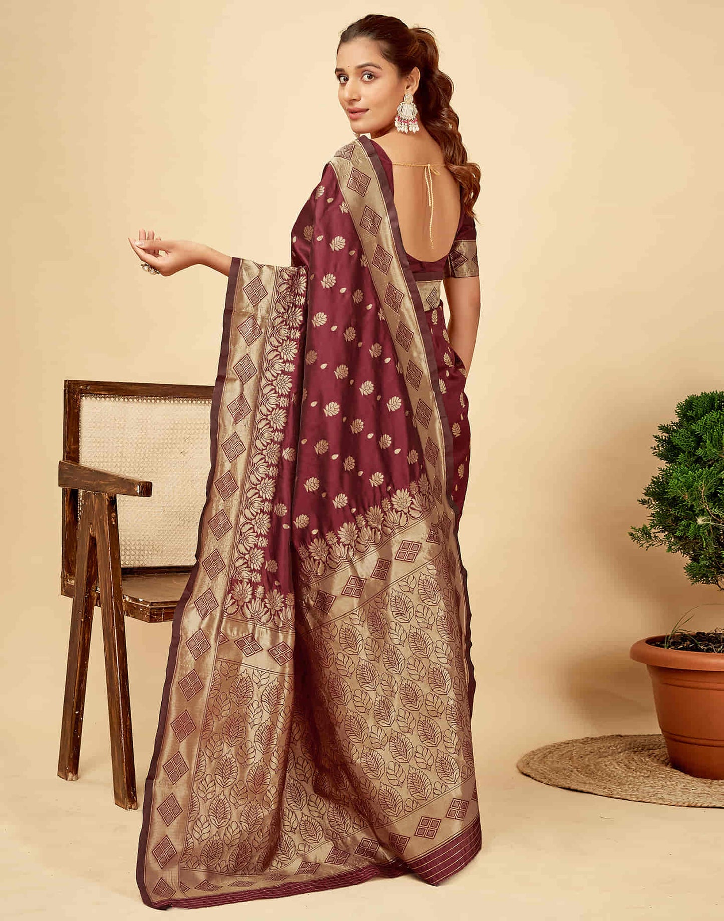 Dark Maroon Silk Woven Banarasi Saree