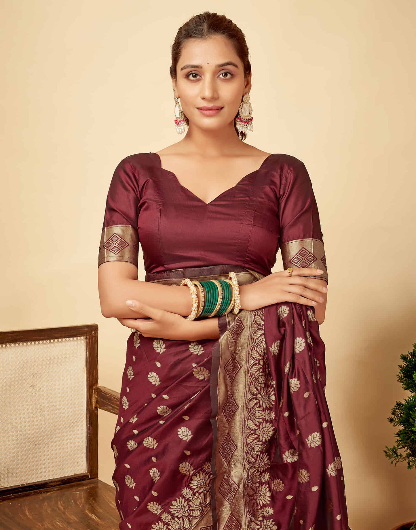 Dark Maroon Silk Woven Banarasi Saree