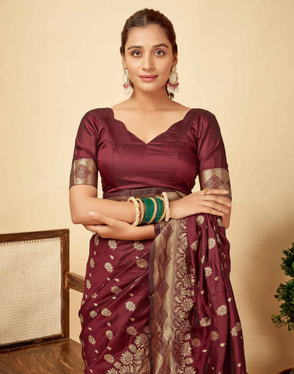 Dark Maroon Silk Woven Banarasi Saree