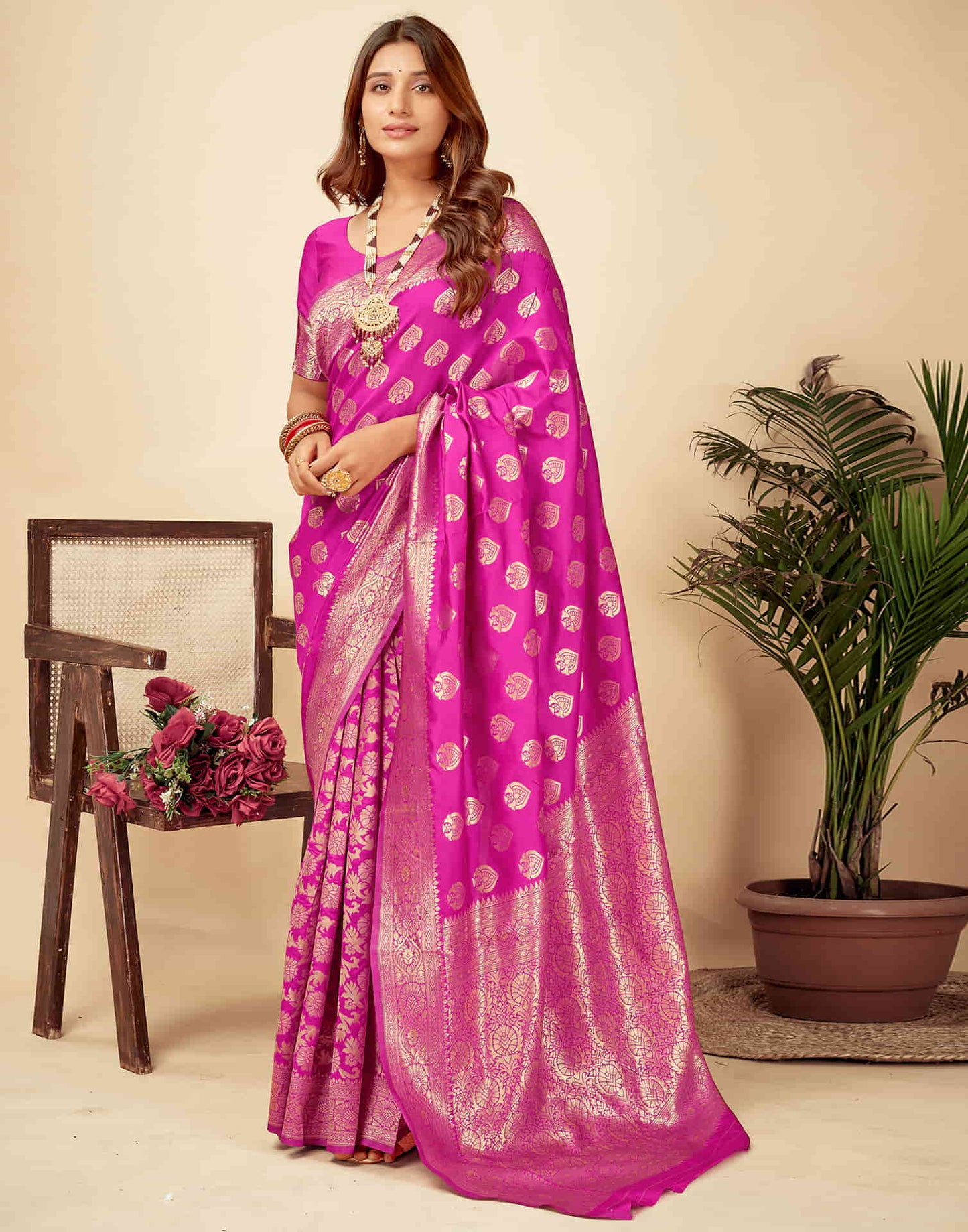Pink Woven Banarasi Silk Saree