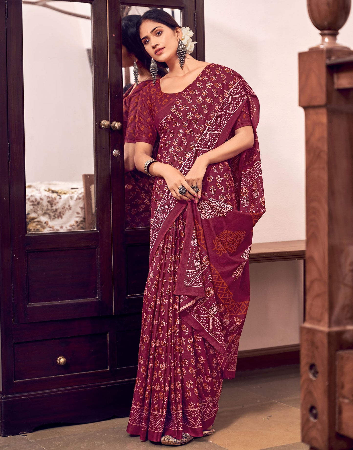 Wine Cotton Printed Saree