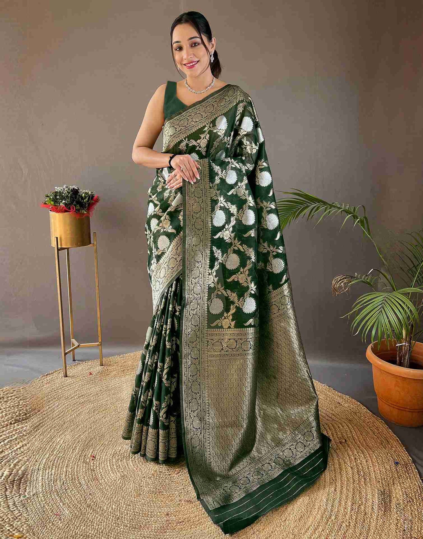 Dark Green Silk Woven Banarasi Saree