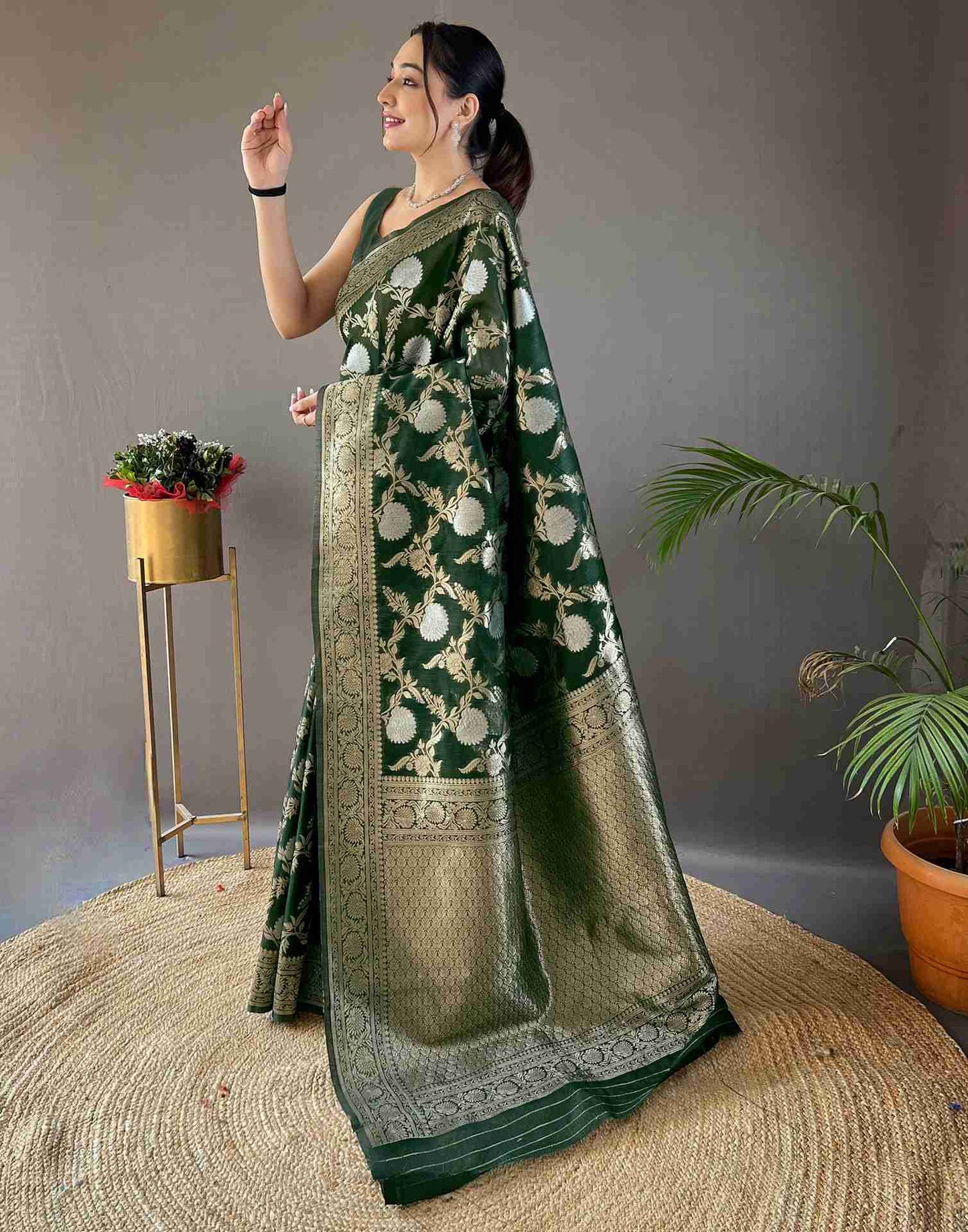 Dark Green Silk Woven Banarasi Saree