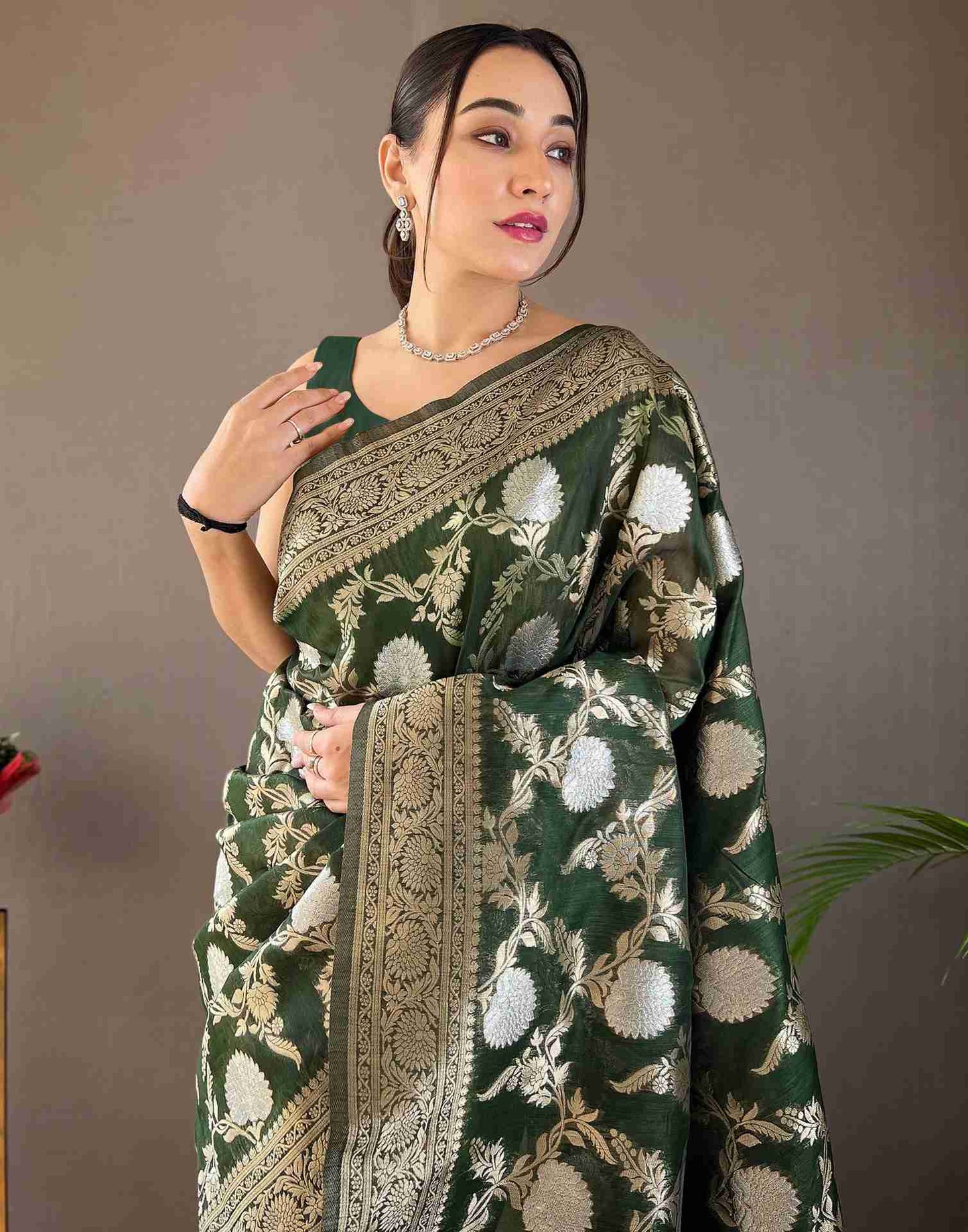 Dark Green Silk Woven Banarasi Saree