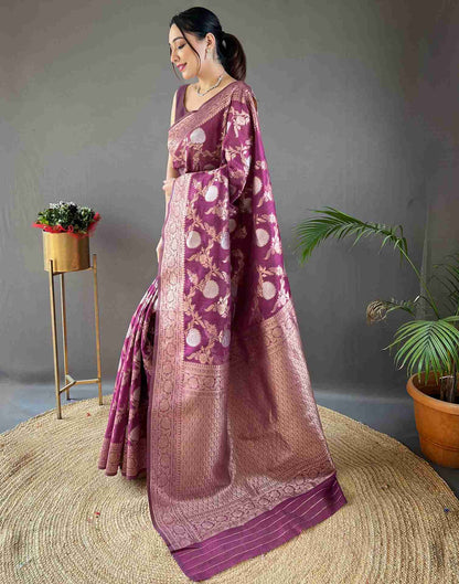 Dark Magenta Silk Woven Banarasi Saree