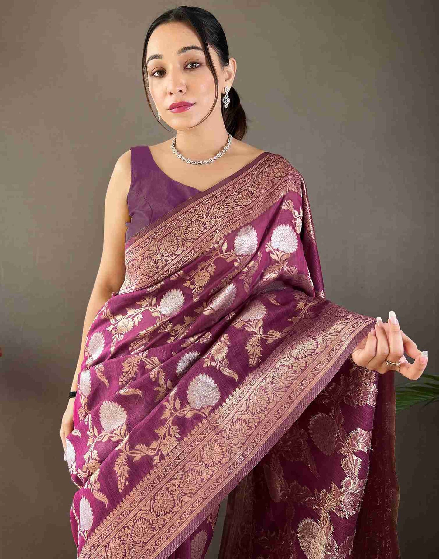 Dark Magenta Silk Woven Banarasi Saree