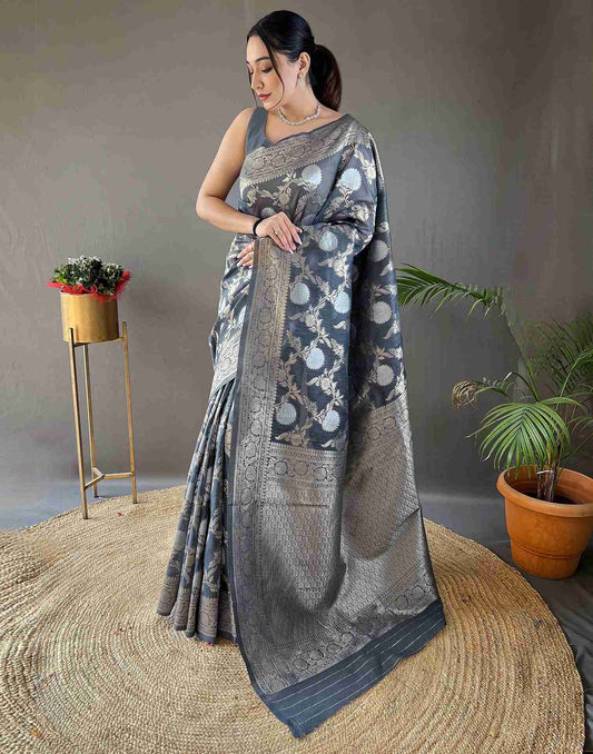 Steel Grey Silk Woven Banarasi Saree