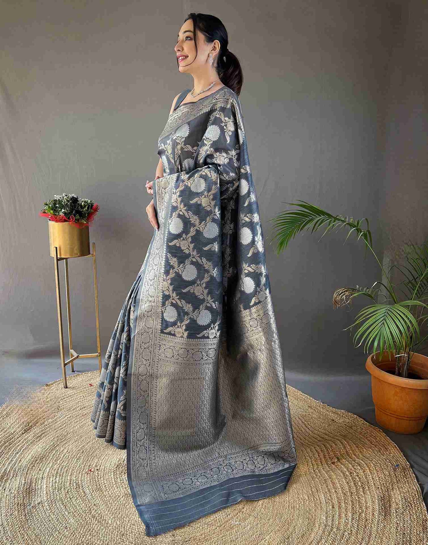 Steel Grey Silk Woven Banarasi Saree